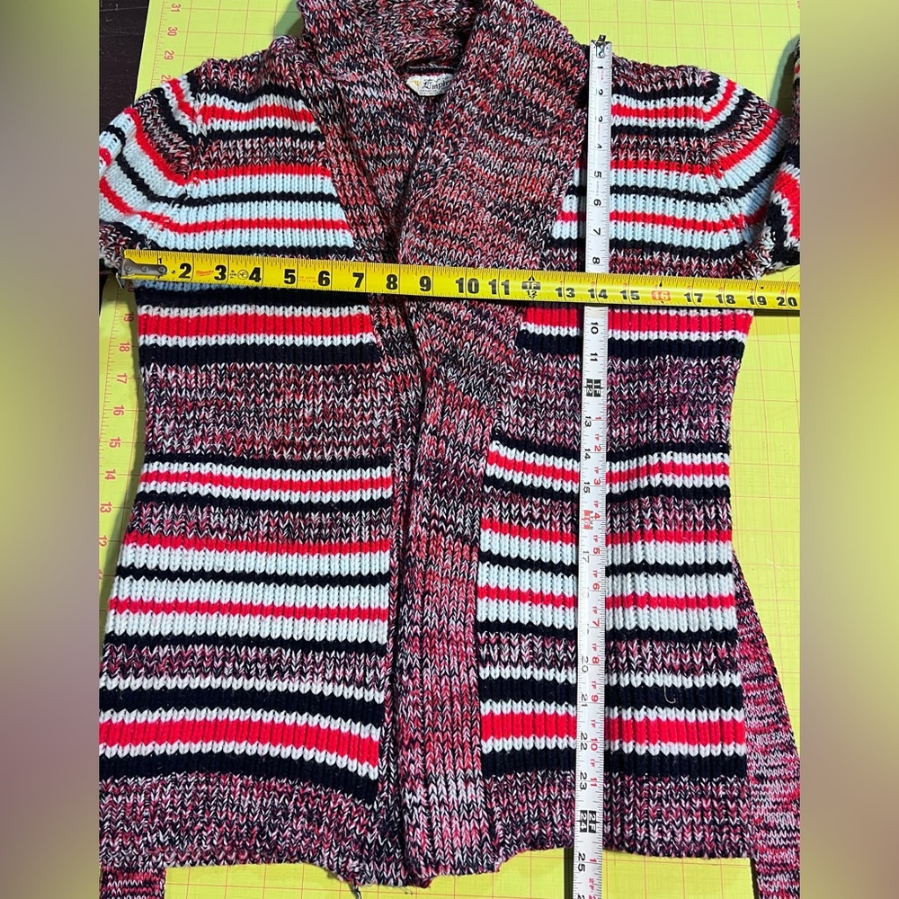 VINTAGE 60s 70s wrap knit sweater cardigan space dyed multicolor stripe belt‎ - Picture 9 of 10